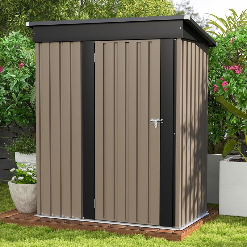 Patiowell 5x3 FT Outdoor Storage Shed, Tool Shed with Sloping Roof and Lockable Door, Metal Shed for Backyard Garden Patio Lawn, Brown - Image 1